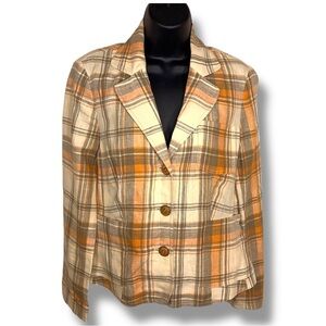 Size 6 Petite Kasper Linen Plaid Blazer Yellow Orange Brown Button Front